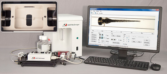 Fig. 1:  Base VAST BioImager System. Inset: close-up of capillary detail.